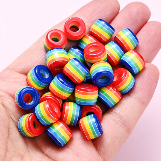 50pcs 12x10mm Rainbow Striped Resin Large Hole Barrel Beads - Perfect