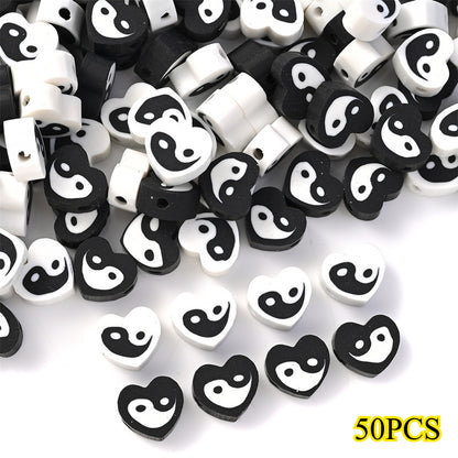 50pcs 8x9mm Black and White Heart Polymer Clay Beads