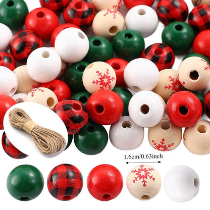 200-Piece 16 mm Mixed Christmas Wooden Beads with Hemp Rope