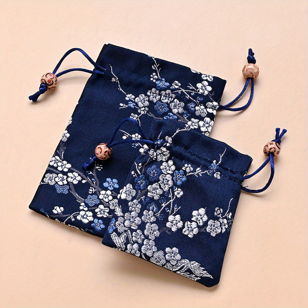 2-Piece Floral Embroidered Satin Drawstring Gift Bag Set