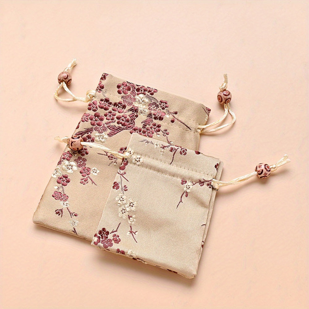 2-Piece Floral Embroidered Satin Drawstring Gift Bag Set