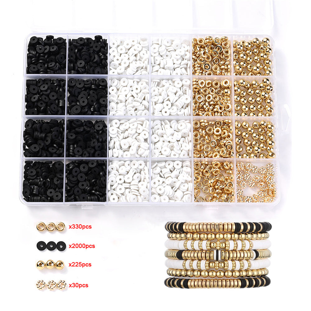 Black and White Clay Bead and Gold CCB Spacer Bead Set