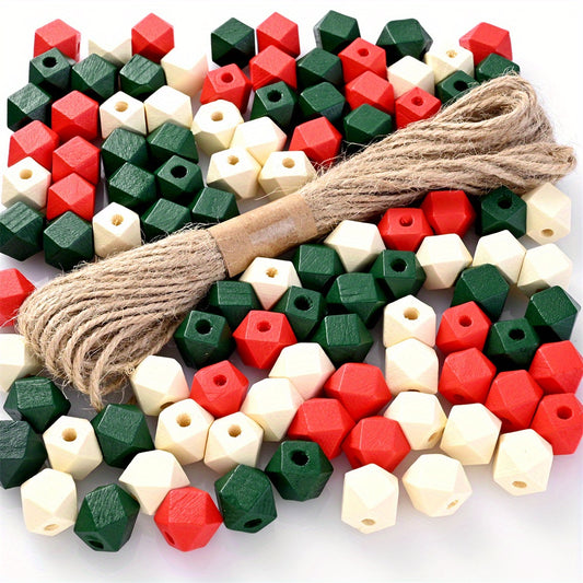 100pcs Christmas Wooden Octagonal Beads with String