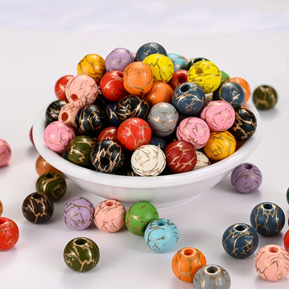 Colored Round Wood Beads with Gold Thread
