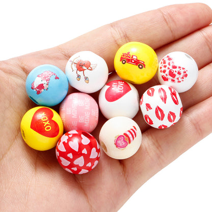 10pcs/set 16mm Heart-Shaped Printed Wooden Beads
