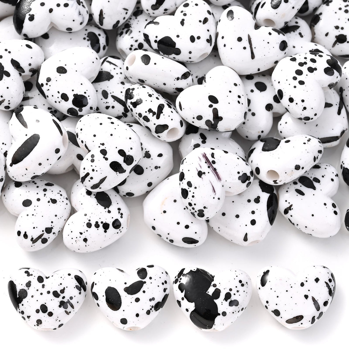 Black White Speckled Heart Acrylic Spacer Beads