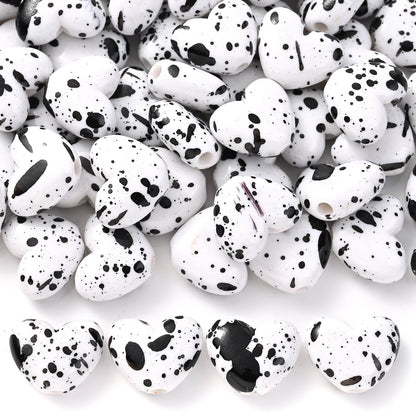 Black White Speckled Heart Acrylic Spacer Beads