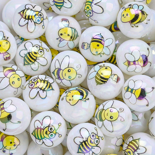 10pcs 16mm Shining Bee Print Acrylic Round Beads