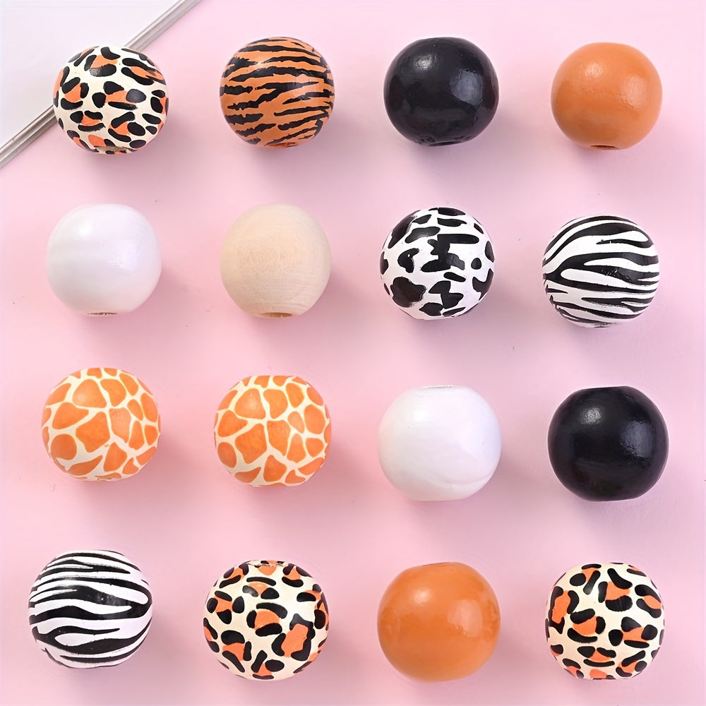 10PCS 16mm Animal Print Round Wooden Bead Set