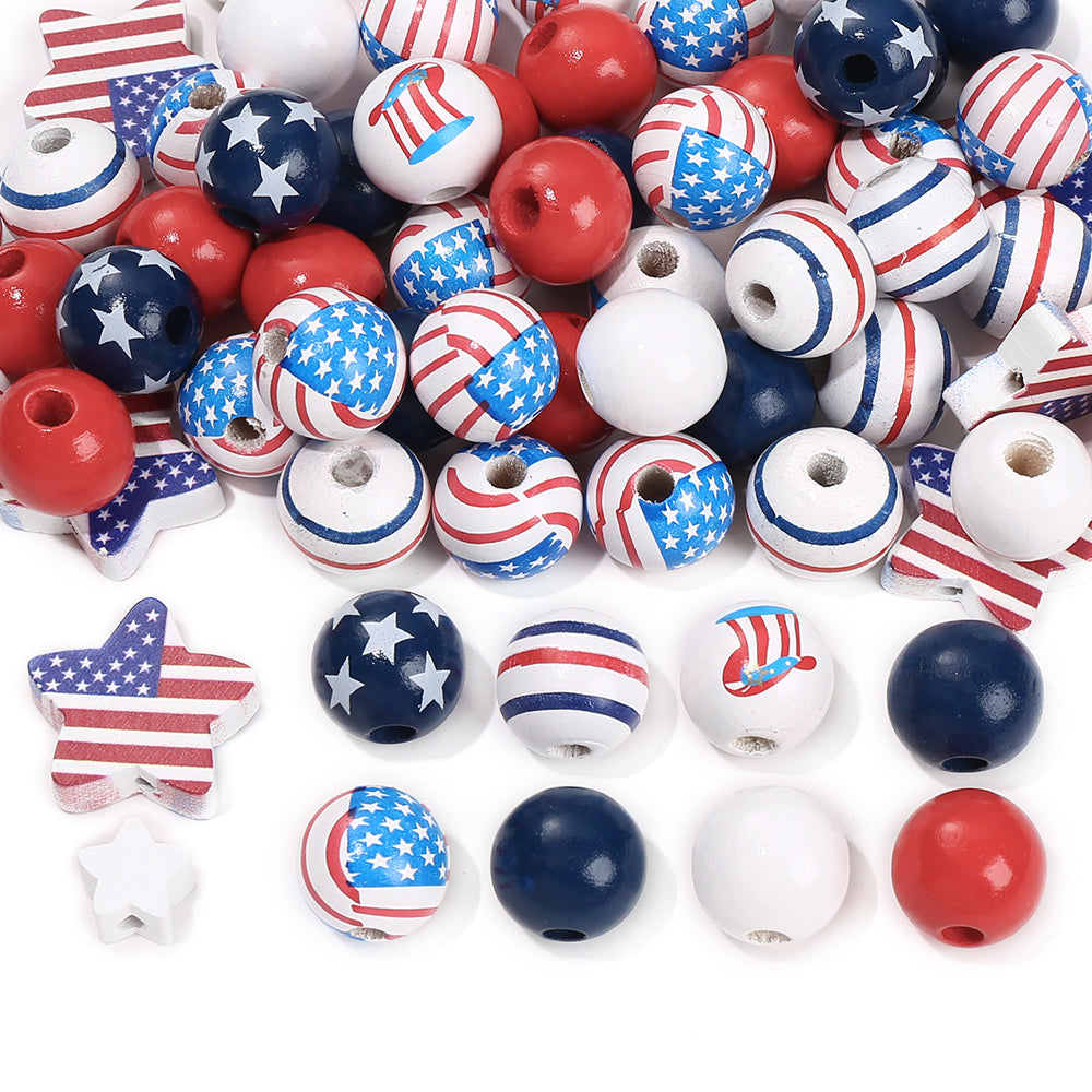 60pcs Patriotic Wood Beads