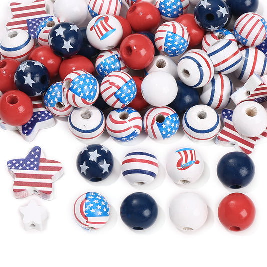 60pcs Patriotic Wood Beads