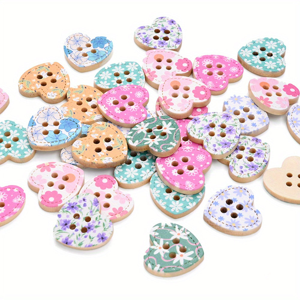Heart Shape Wooden Printed Buttons