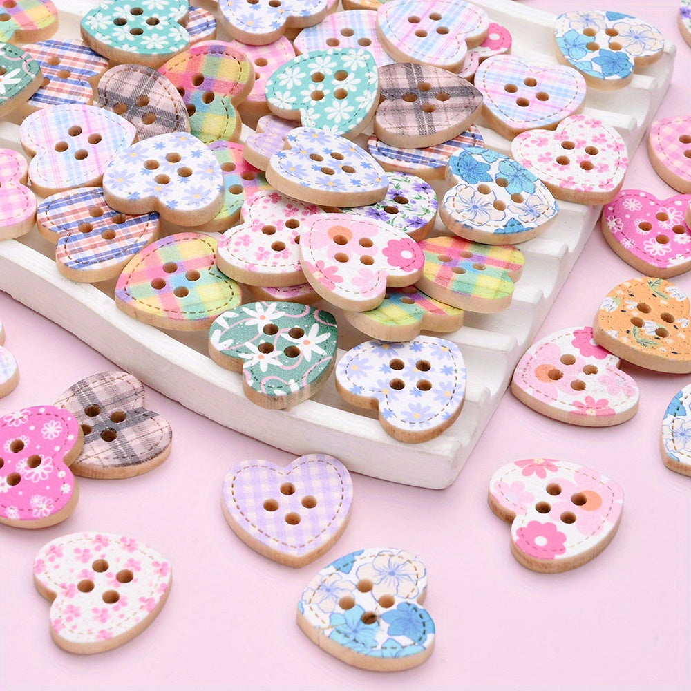 Heart Shape Wooden Printed Buttons