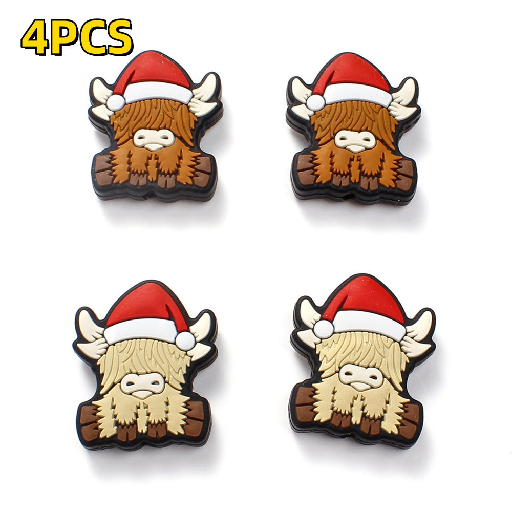 4pcs 25x30mm Christmas Silicone Highland Cow Patch Beads