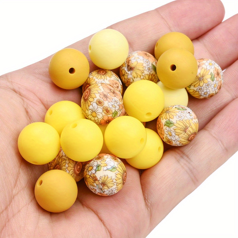 40pcs/set 15mm Colorful Round Silicone Flower Doodle Printed Beads