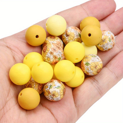 40pcs/set 15mm Colorful Round Silicone Flower Doodle Printed Beads