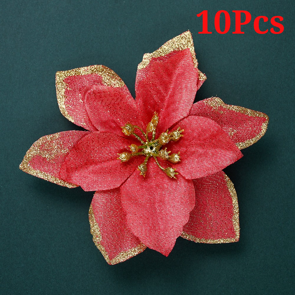 10PCS 13×13cm Gold & Red Glitter Christmas Flower Picks
