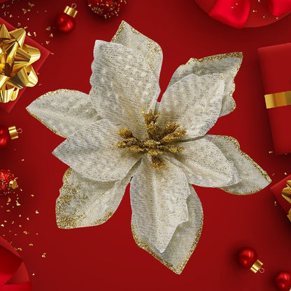10PCS 13×13cm Gold & Red Glitter Christmas Flower Picks