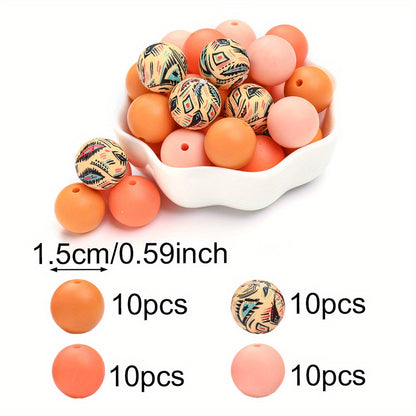 40pcs/set 15mm Colorful Round Silicone Flower Doodle Printed Beads