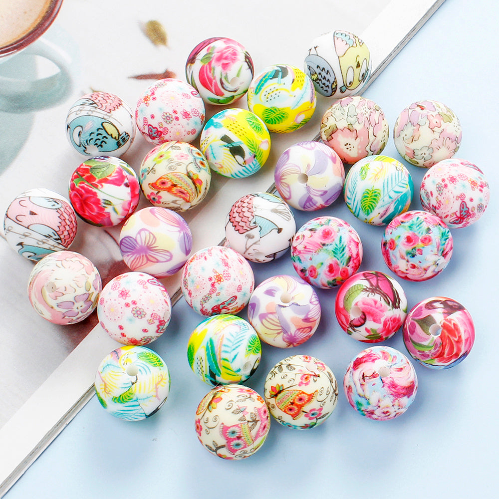 30/50pcs 15mm Floral Animal Print Silicone Beads