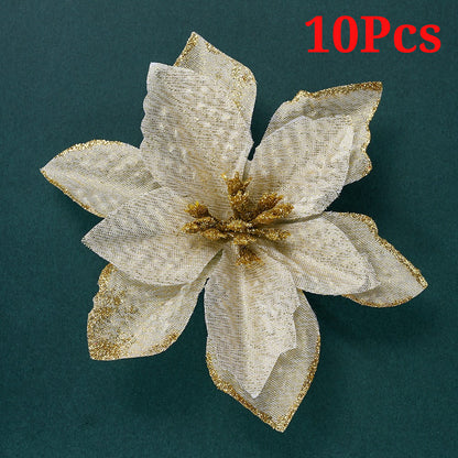 10PCS 13×13cm Gold & Red Glitter Christmas Flower Picks