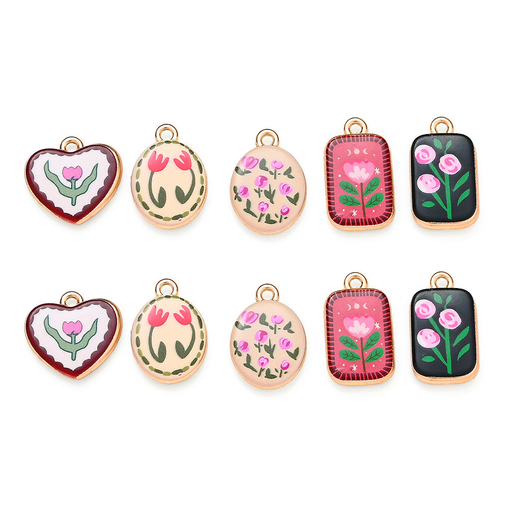 Vintage Oil Painting Heart Flower Pendant Charms