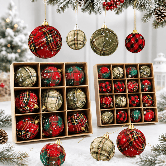 9/16-Piece Vintage Plaid Glitter Christmas Bauble Set