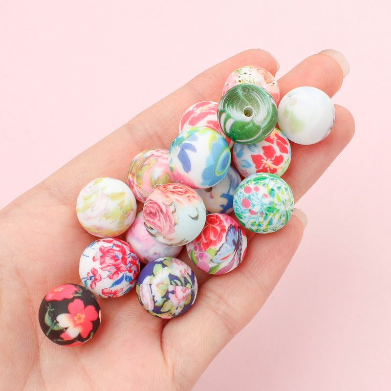 30/50pcs 15mm Floral Pattern Silicone Beads