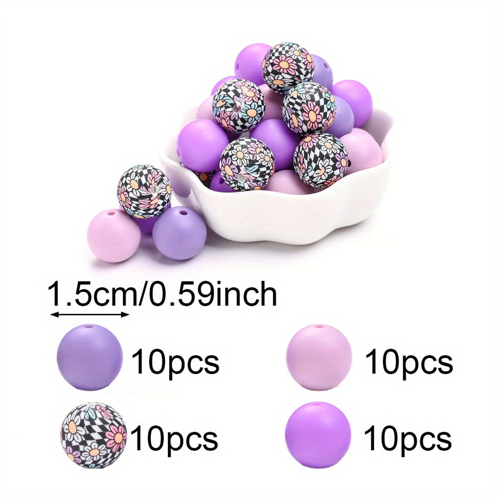 40pcs/set 15mm Colorful Round Silicone Flower Doodle Printed Beads