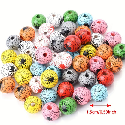 10pcs 15mm Halloween Spider Pattern Wooden Beads