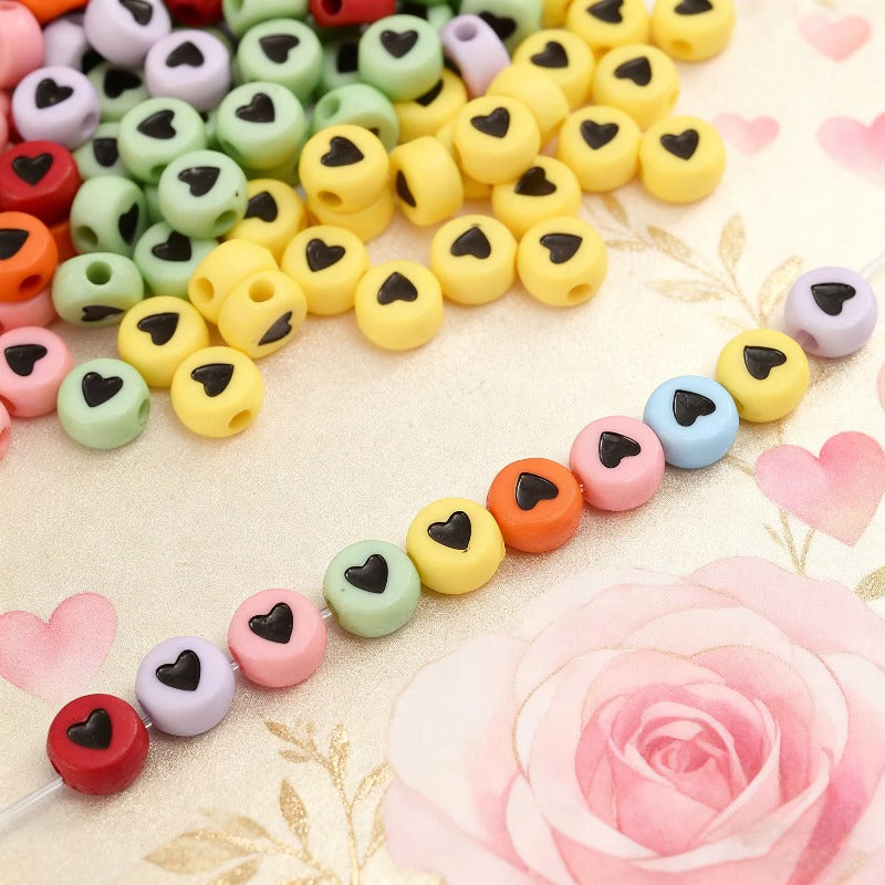100pcs Colorful Flat Round Heart Acrylic Beads