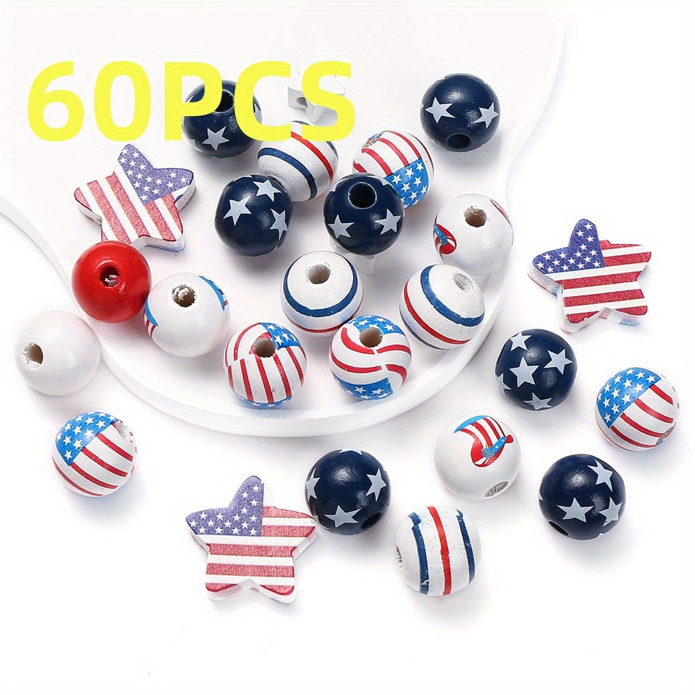 60pcs Patriotic Wood Beads