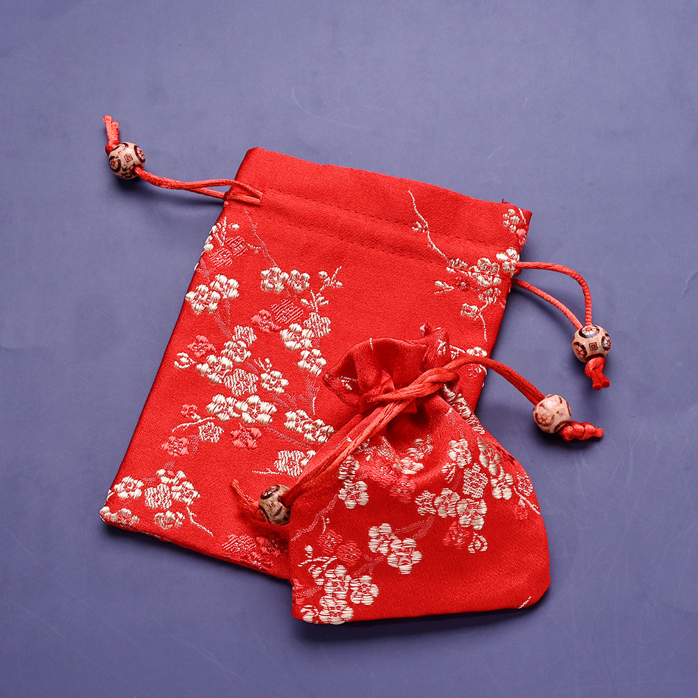 2-Piece Floral Embroidered Satin Drawstring Gift Bag Set