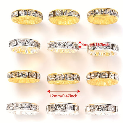20PCS 4×12mm Rhinestone Round Gold & Silver Spacer Bead Set