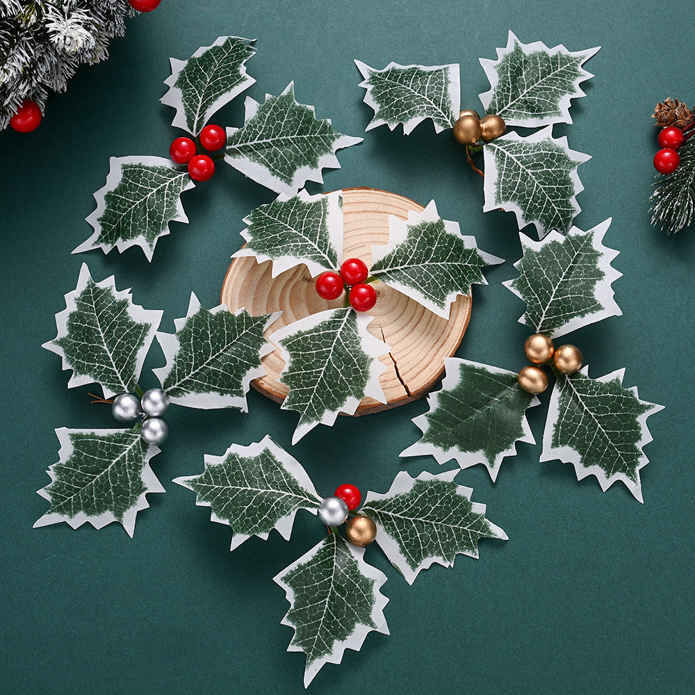 10PCS 5.5×6.5cm Christmas Holly Leaf & Berry Picks