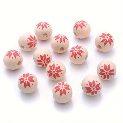 10PCS 15mm Red Snowflake Pattern Wooden Bead Set