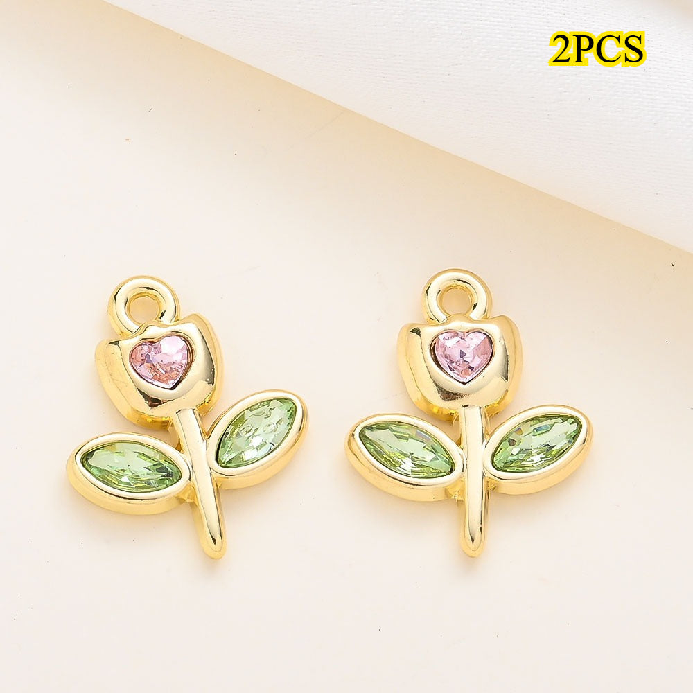 Rhinestone Heart Tulip Leaf Alloy Charms