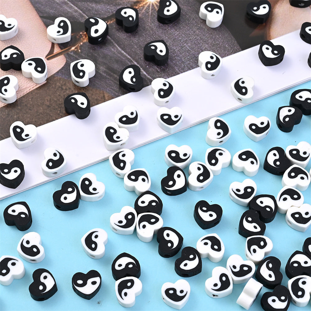 50pcs 8x9mm Black and White Heart Polymer Clay Beads