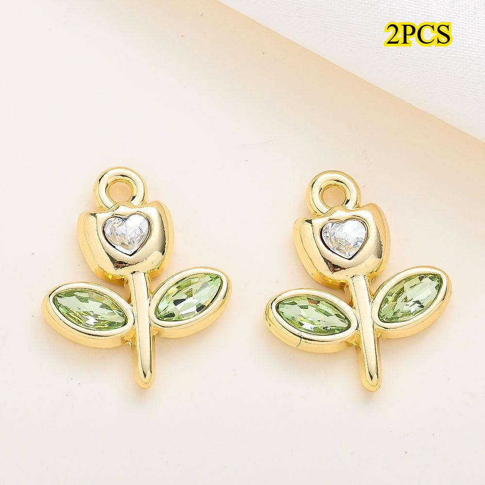 Rhinestone Heart Tulip Leaf Alloy Charms