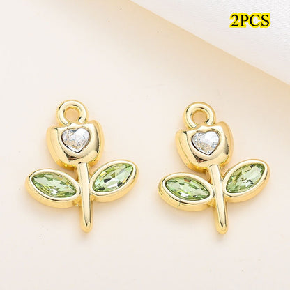 Rhinestone Heart Tulip Leaf Alloy Charms