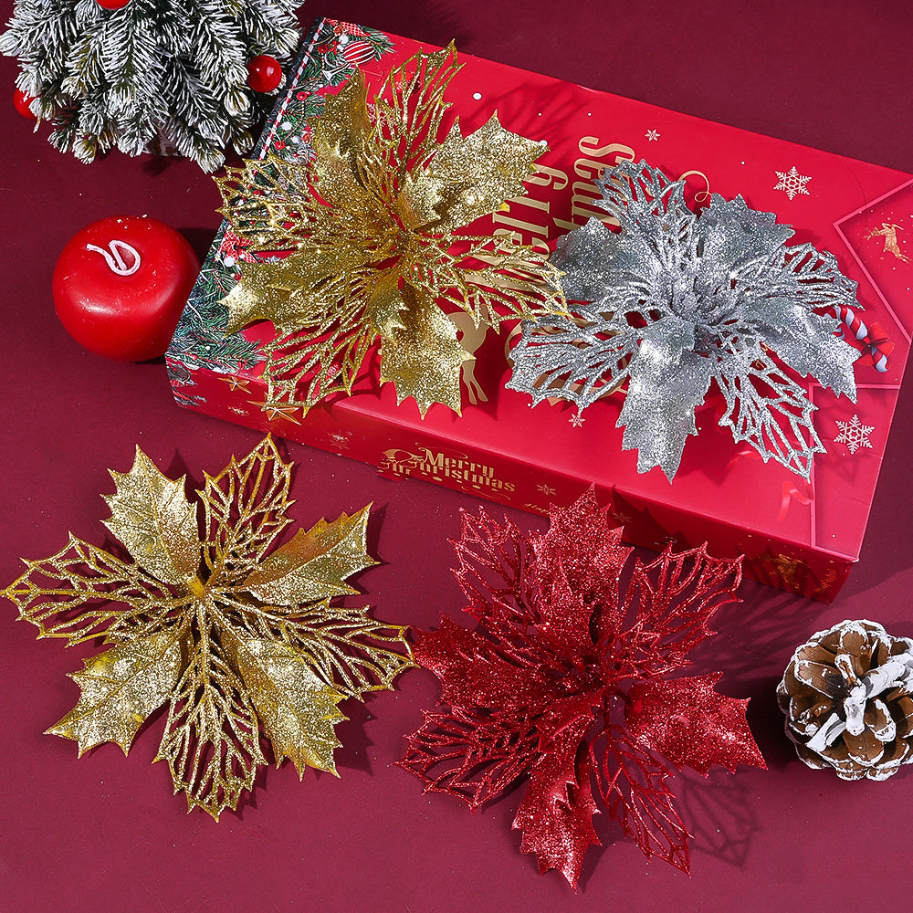 10PCS 16cm Gold, Silver & Red Hollow Christmas Flower Set
