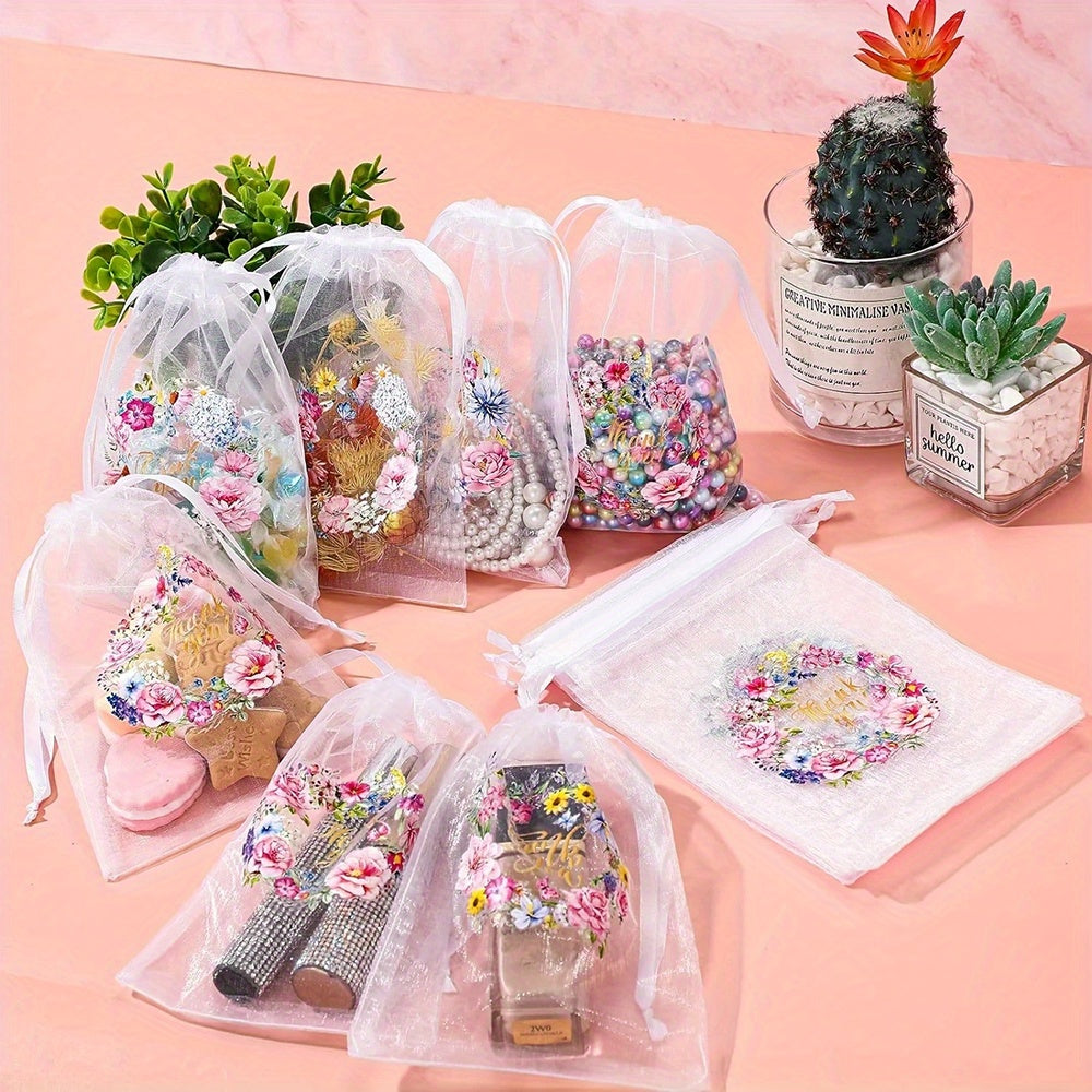 10x15 cm White & Pink Organza Drawstring Gift Bags