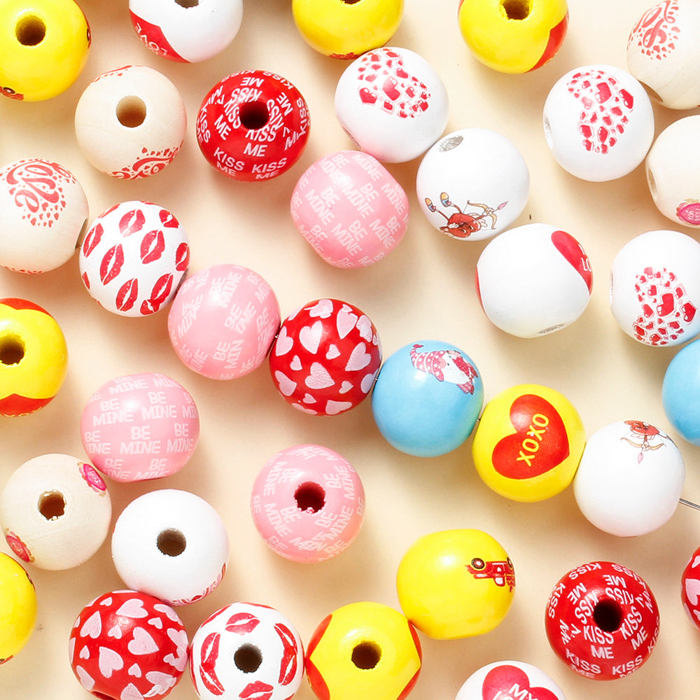 10pcs/set 16mm Heart-Shaped Printed Wooden Beads