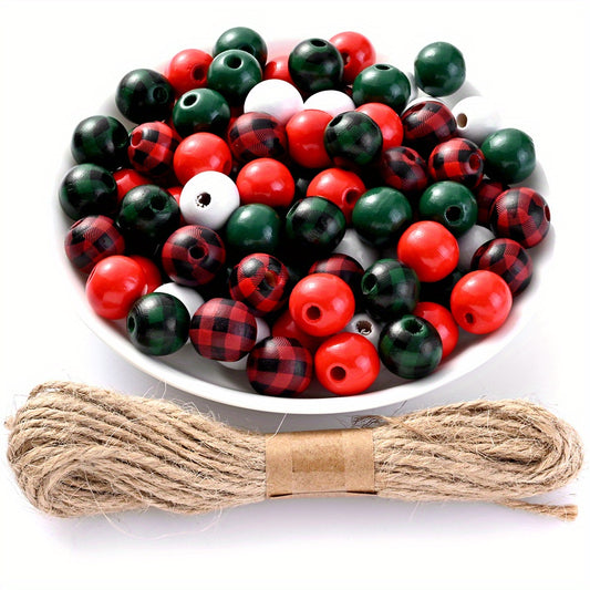 100pcs Christmas Mixed Color Wooden Beads with Thread