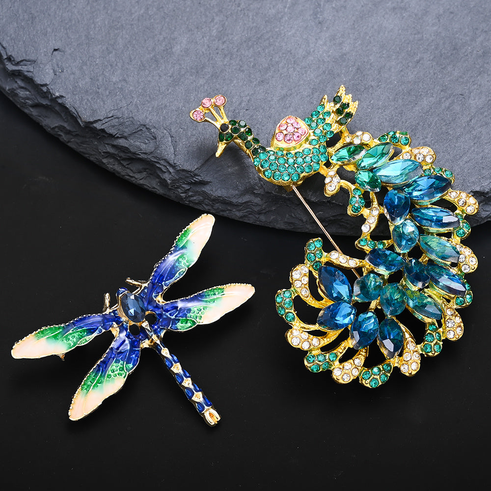 1-Piece Rhinestone Peacock & Enamel Dragonfly Brooch