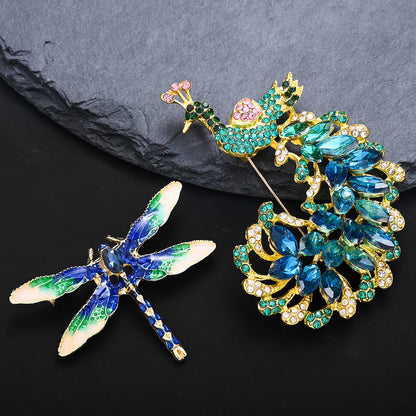 1-Piece Rhinestone Peacock & Enamel Dragonfly Brooch