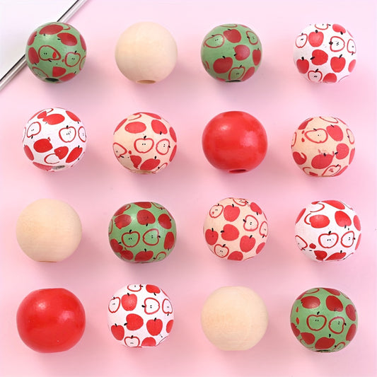 10pcs 16mm Red Apple Pattern Wooden Beads