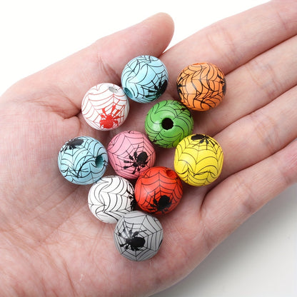 10pcs 15mm Halloween Spider Pattern Wooden Beads