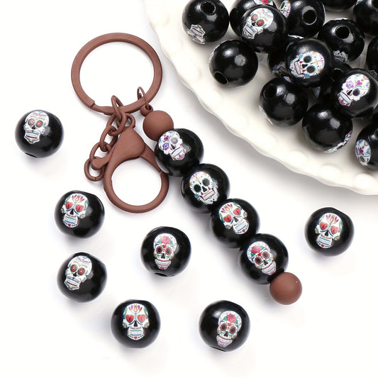 10pcs 16mm Halloween Skull Pattern Wooden Beads