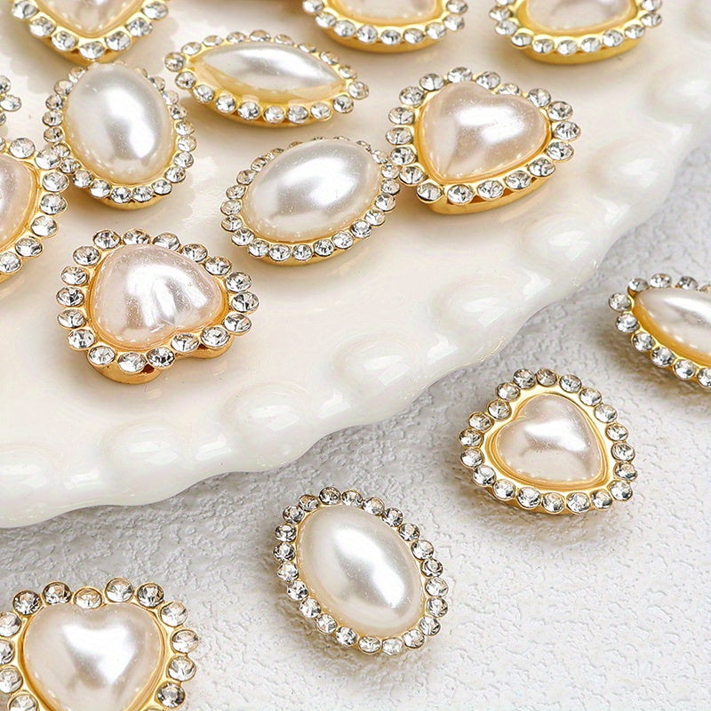 White Heart and Teardrop Rhinestone Pearl Cabochons